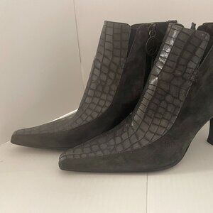 Donald Pliner Grey Crocodile Print Leather Suede Ankle Boots